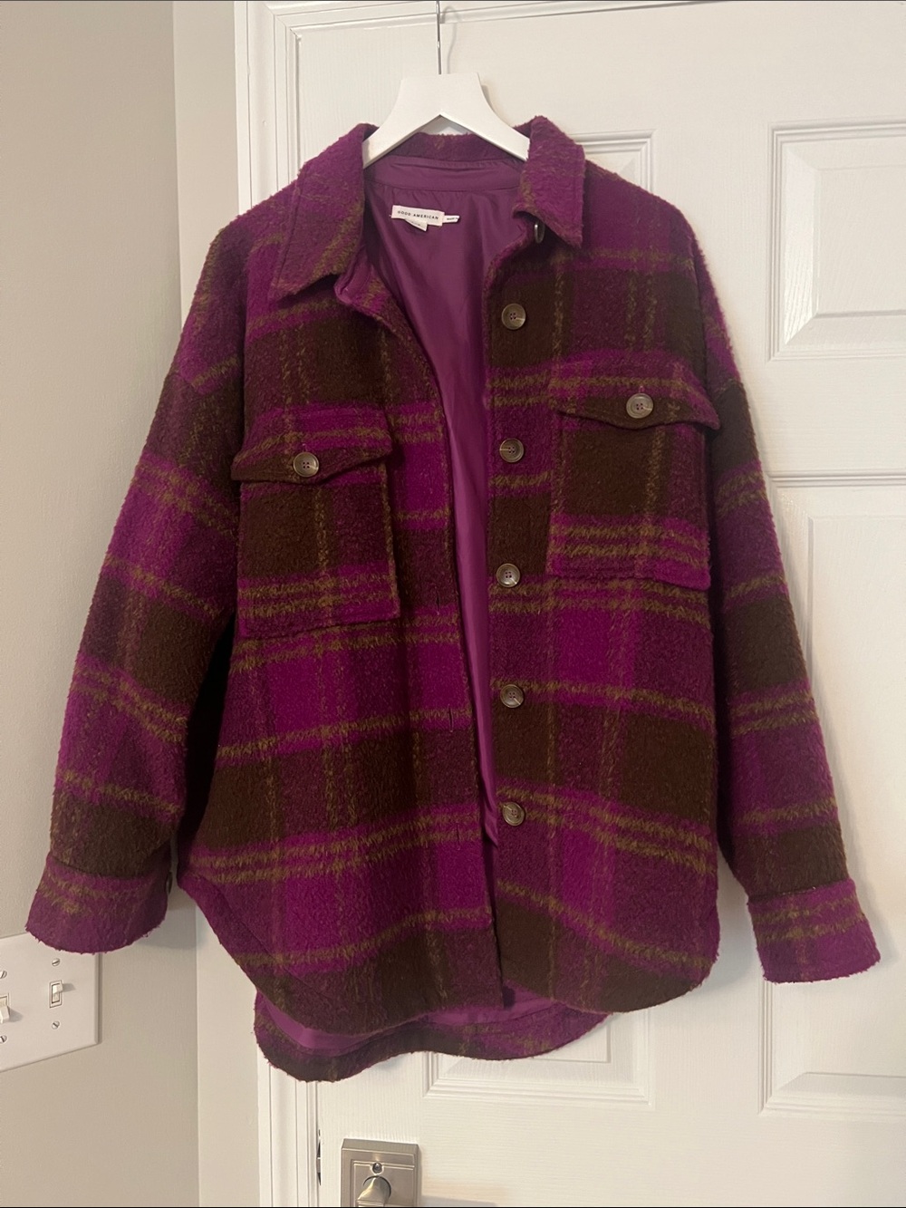 Good American Purple and Brown Plaid Utility Jacket